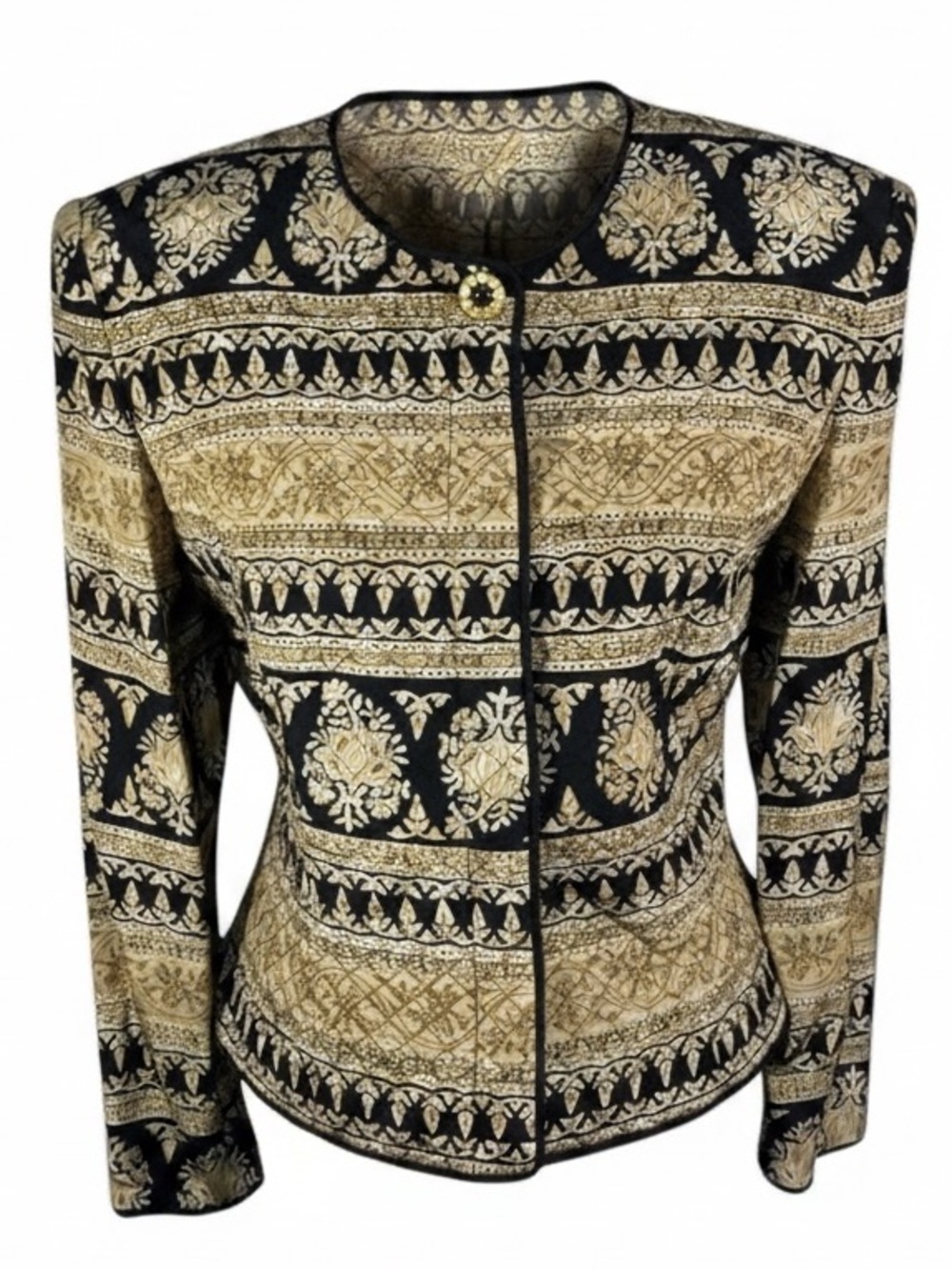 Maggy London 100 Silk Cropped Jacket Black Gold Size 14 Chic Blazer